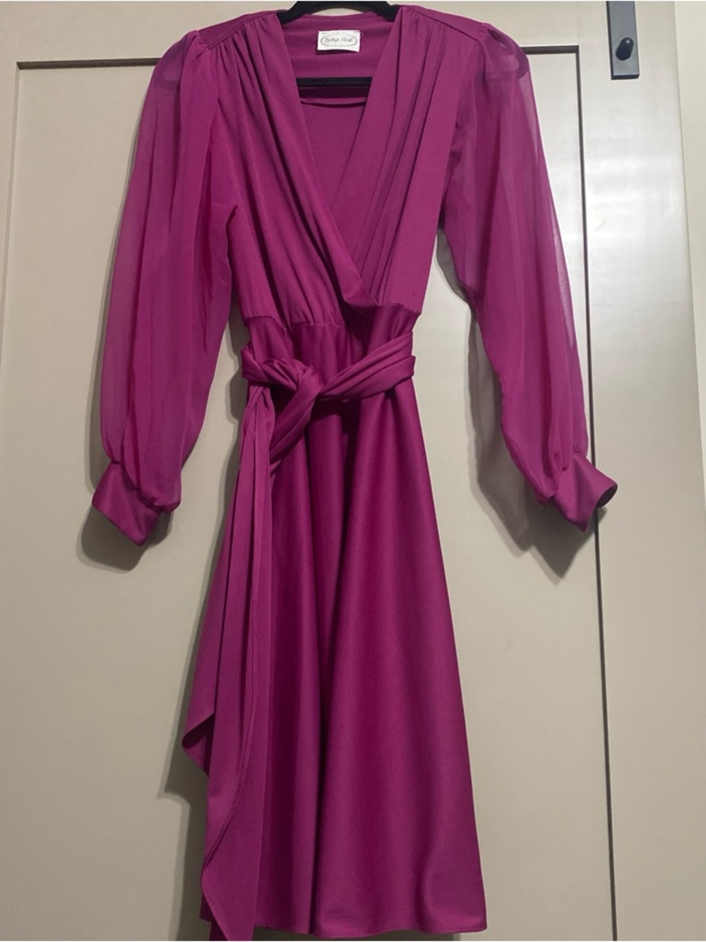Vintage 70’s Fuchsia Midi Dress with Tie Waist and Sheer Long Sleeves